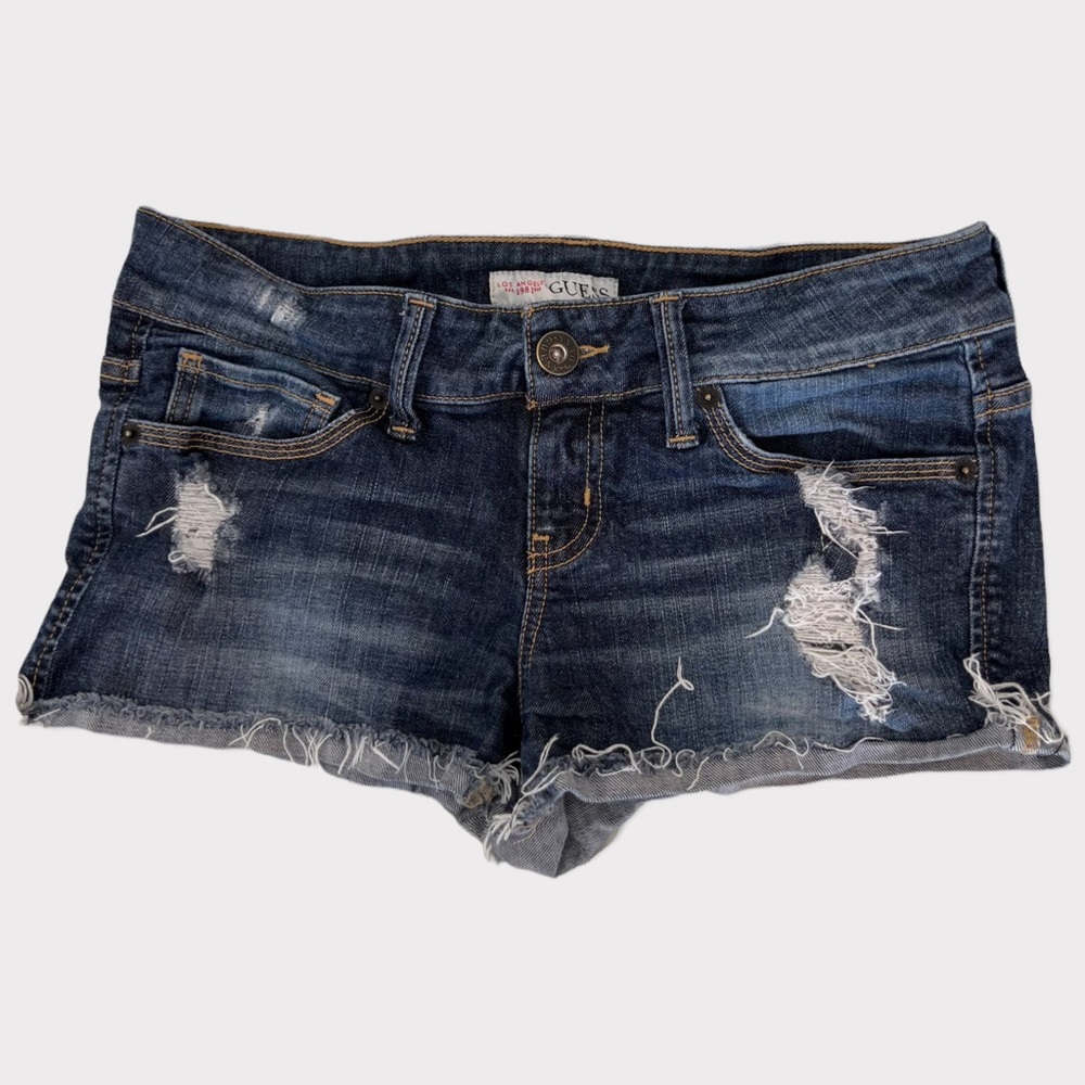 Guess Women’s Blue Distressed Raw Cuff Hem Jean Shorts Size 28
